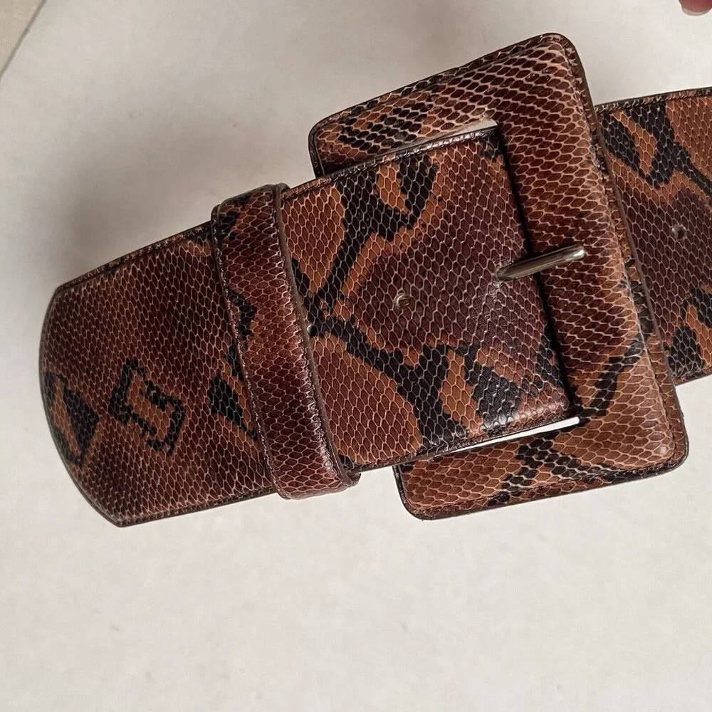 Kenneth Cole Women Medium Belt Genuine Leather Snake Italian Calfskin Wide Boho‎
